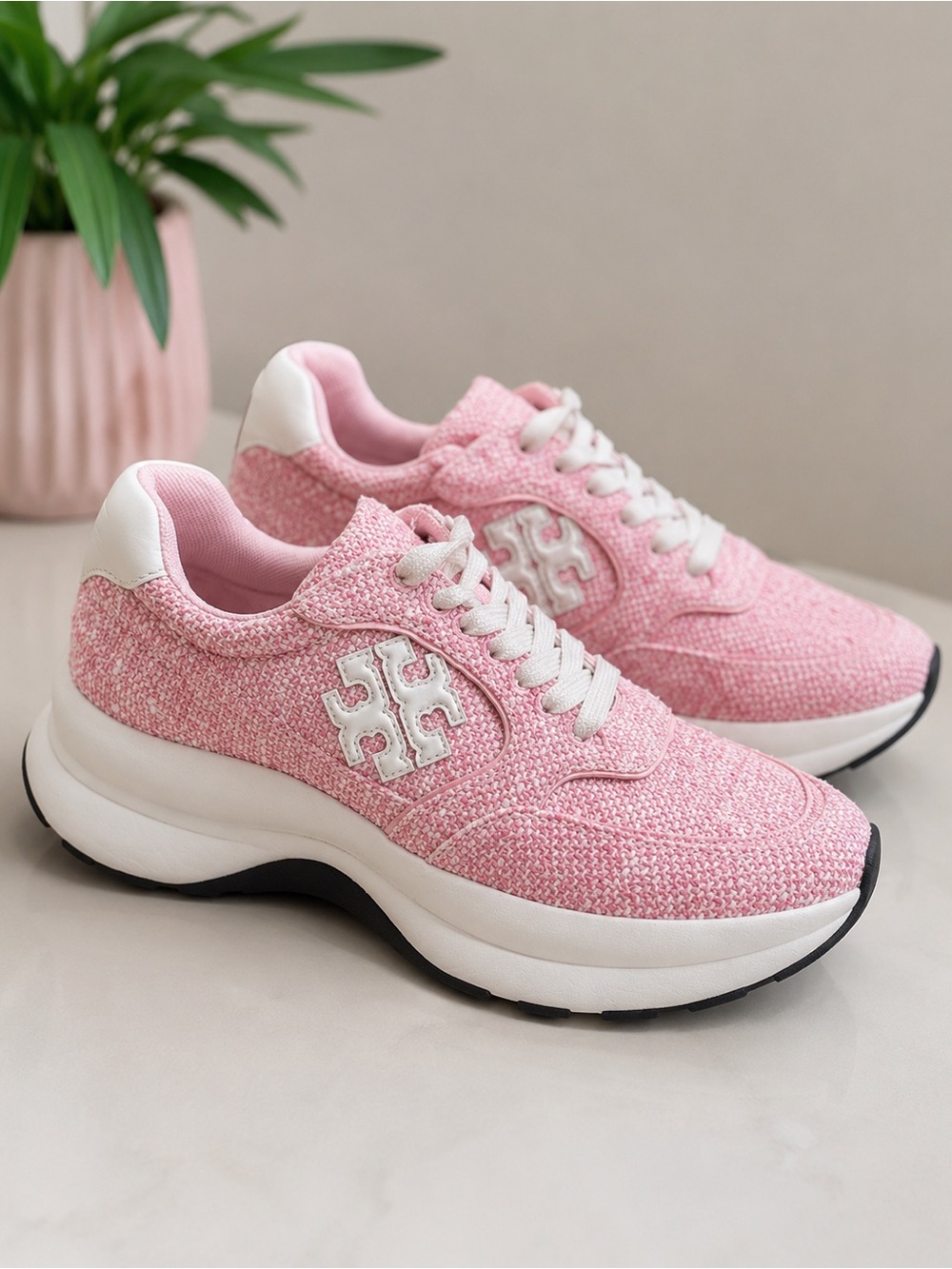 Tory Burch Pink Tweed Lace-Up Platform Sneakers